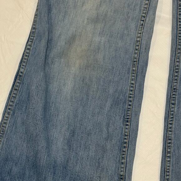 Vintage GWG Distressed Denim Overalls Flared Jeans Womens Size 32x32 Red Strap - Picture 10 of 14